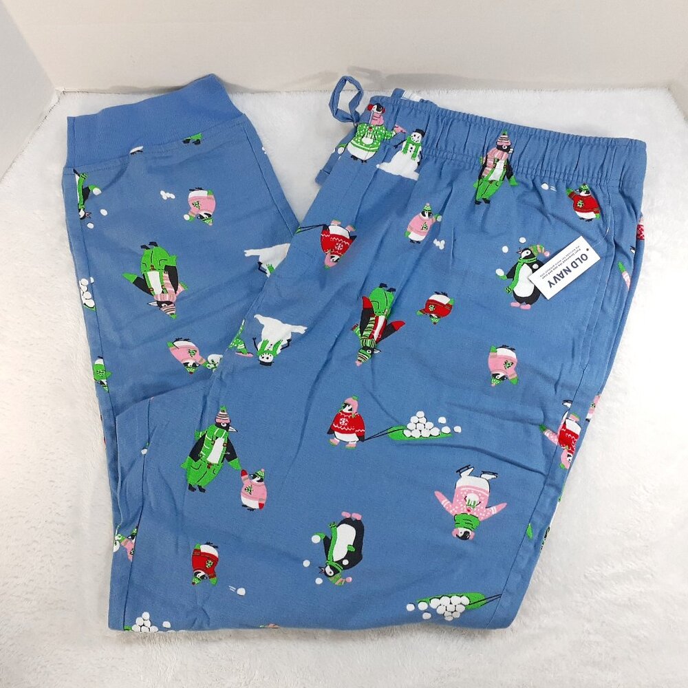 Old Navy Flannel Jogger Womens XXL Blue Penguins Pajama Lounge Pants NWT